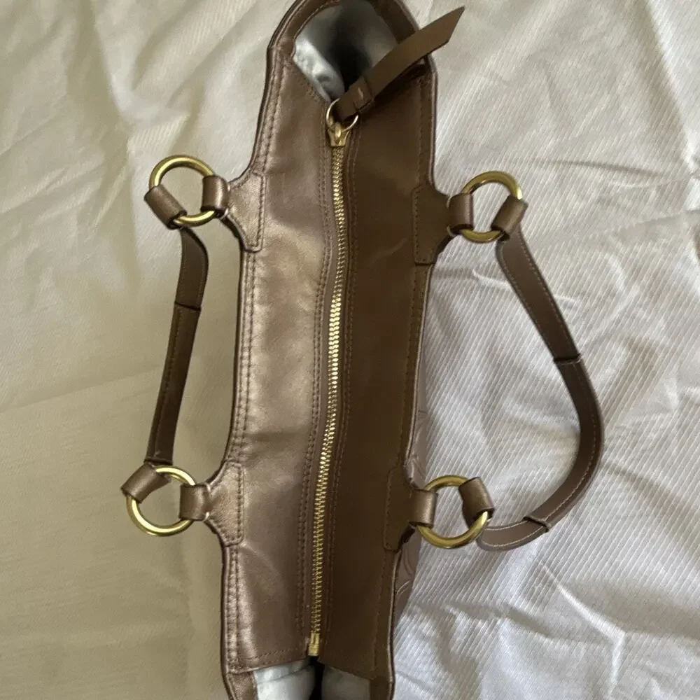 Coach Brown Embossed Logo Tote Bag Zip Closure Gold Hardware Double Handles